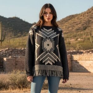 Press Women's Grey Boho Southwest Tribal Fringe Hem Sweater Size S